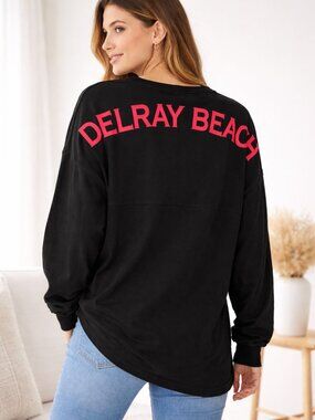 Spirit Jersey Women's Cotton Black Long Sleeve “Delray Beach” Graphic Top, L